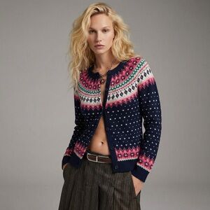 NWT $99 Talbots Fair Isle Navy Pink LambsWool Blend Cardigan Knit Sweater Sz S